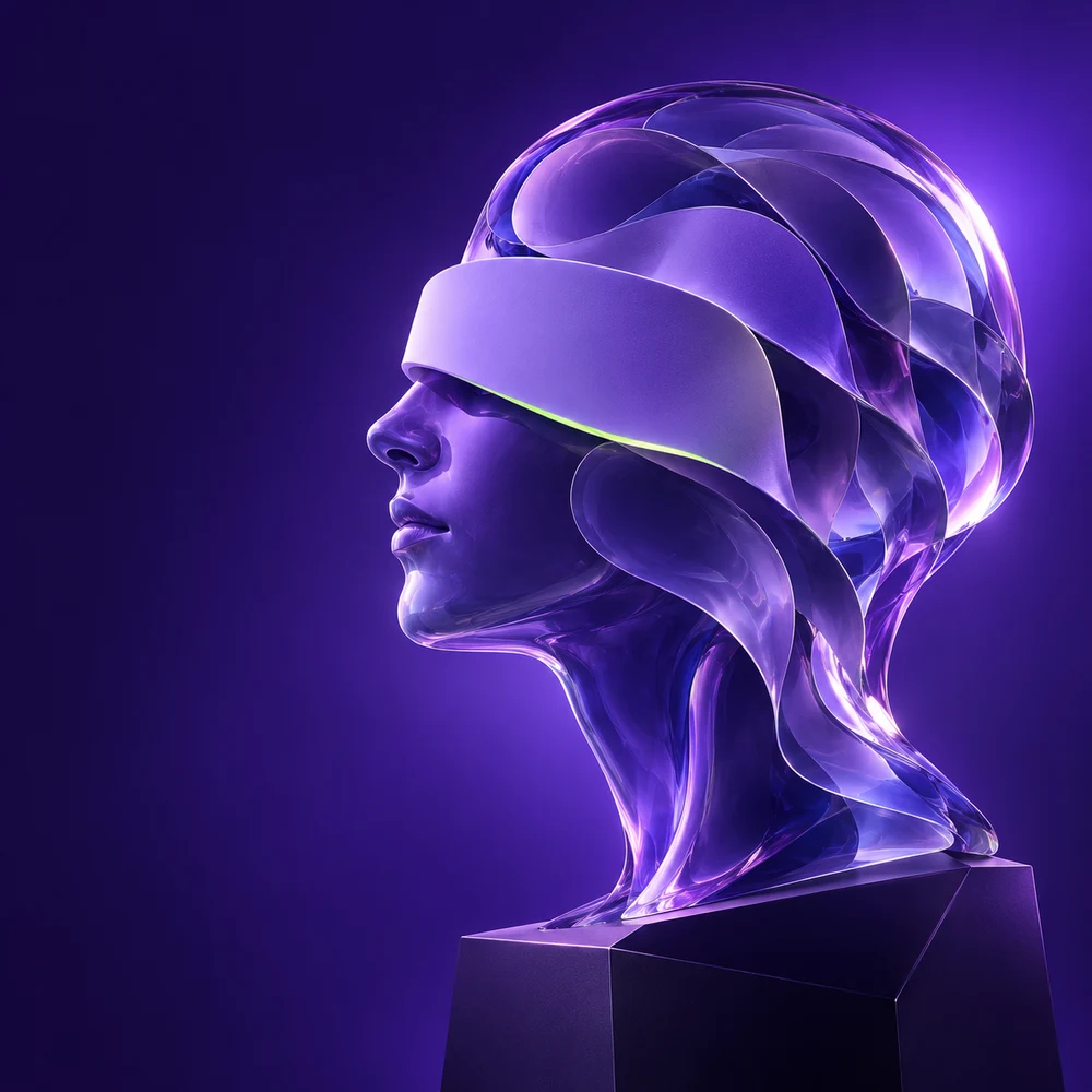 Violet glass sculpture representing a protected identity