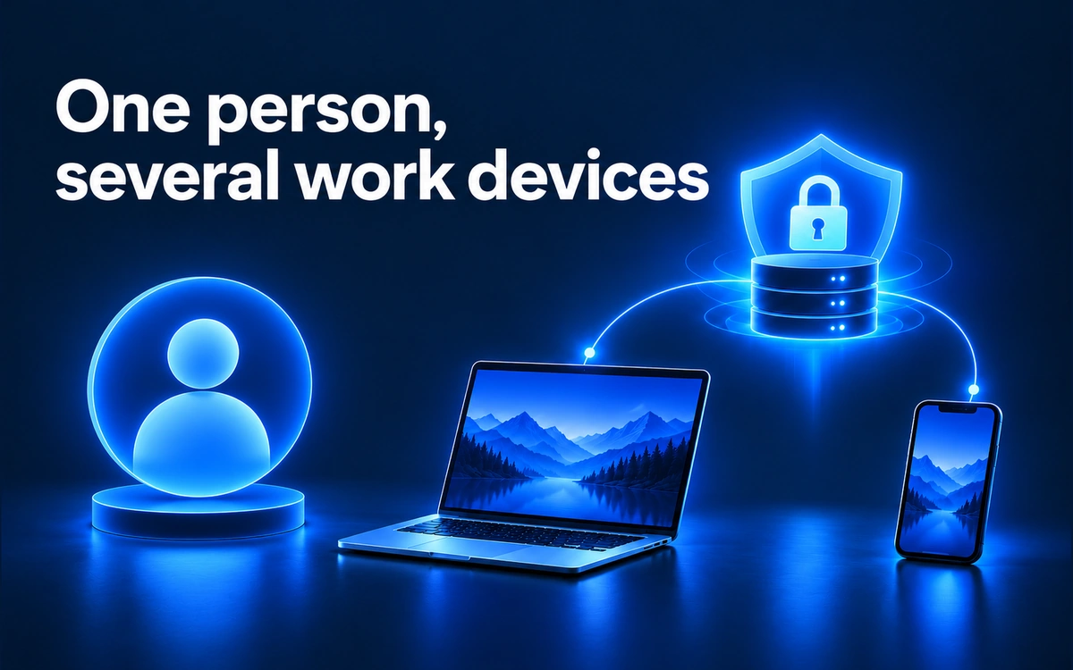 Illustration of a solo business owner securing personal work devices with a VPN.