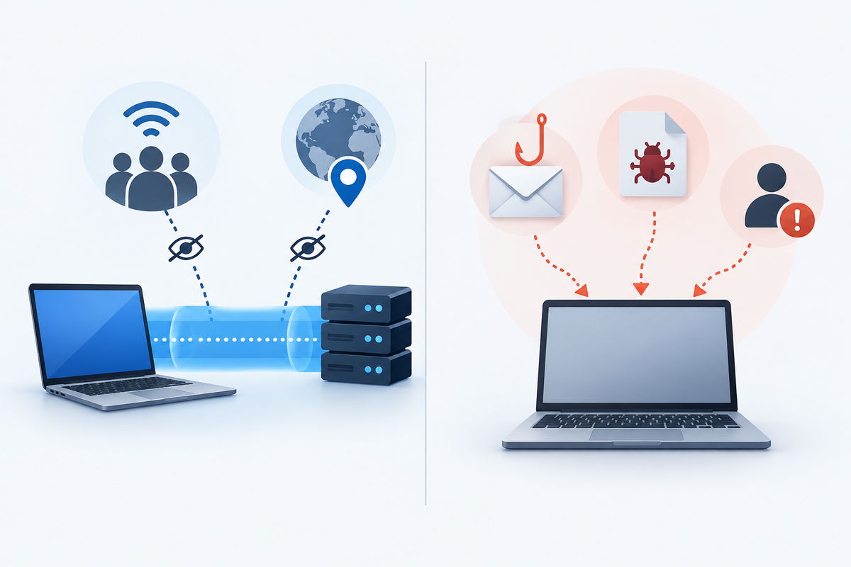 Visual comparison of risks a VPN can reduce and threats that remain