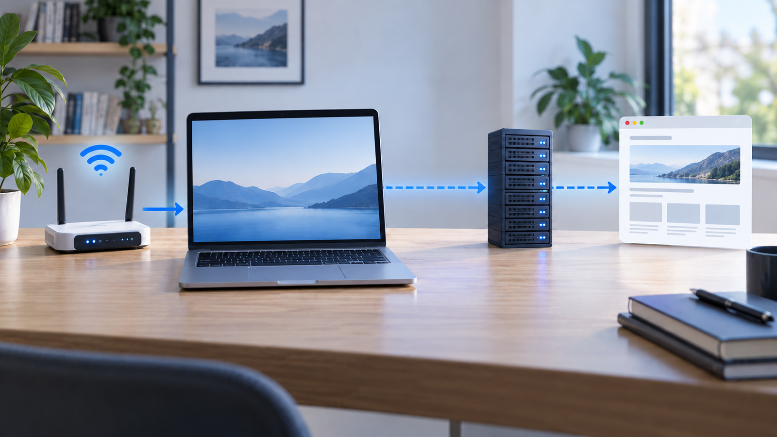 Laptop connected through a VPN between a local Wi-Fi network and a website