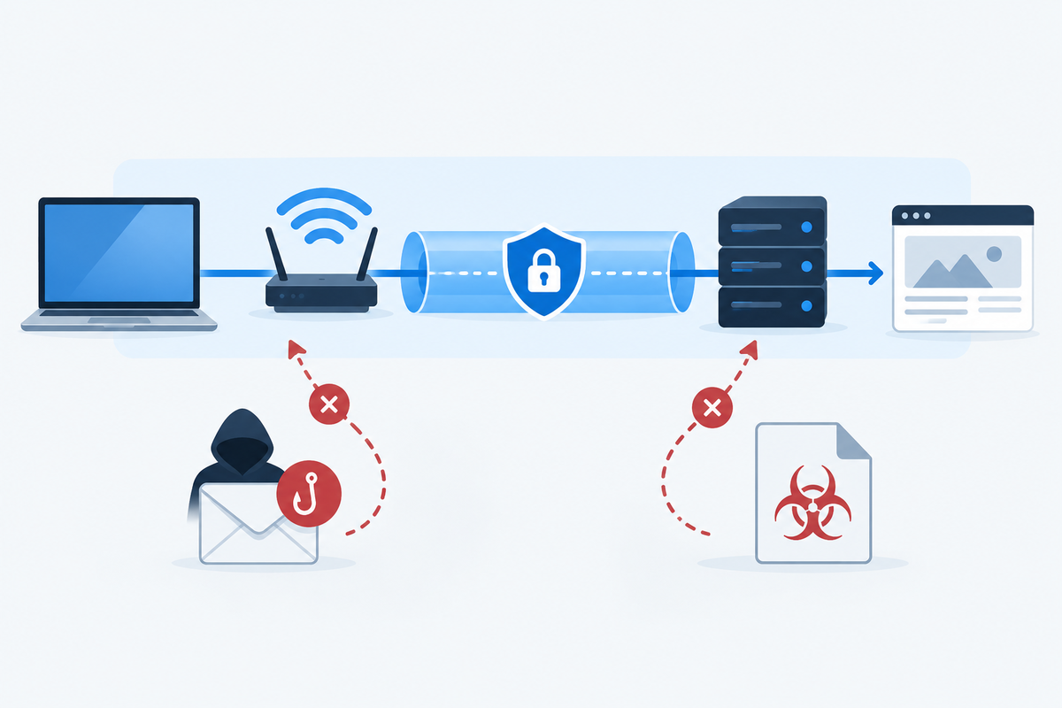 Laptop using a VPN while phishing and shared files remain separate risks