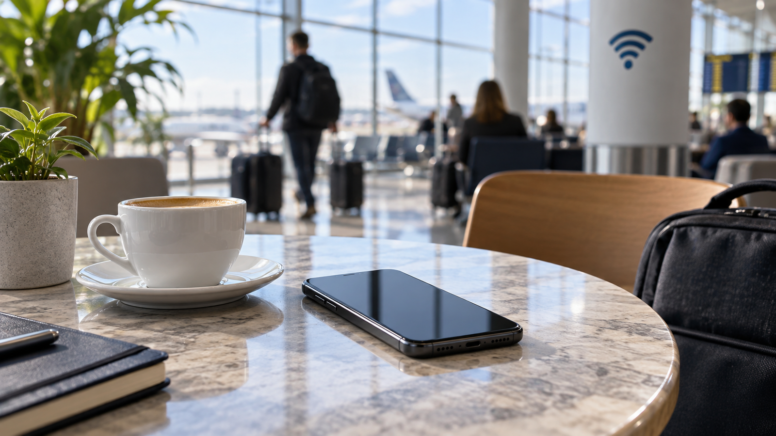 Generic phone beside a cup in a public place with a Wi-Fi access point nearby