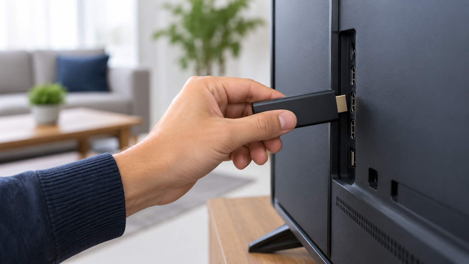Hand connecting a generic streaming device to a television HDMI port