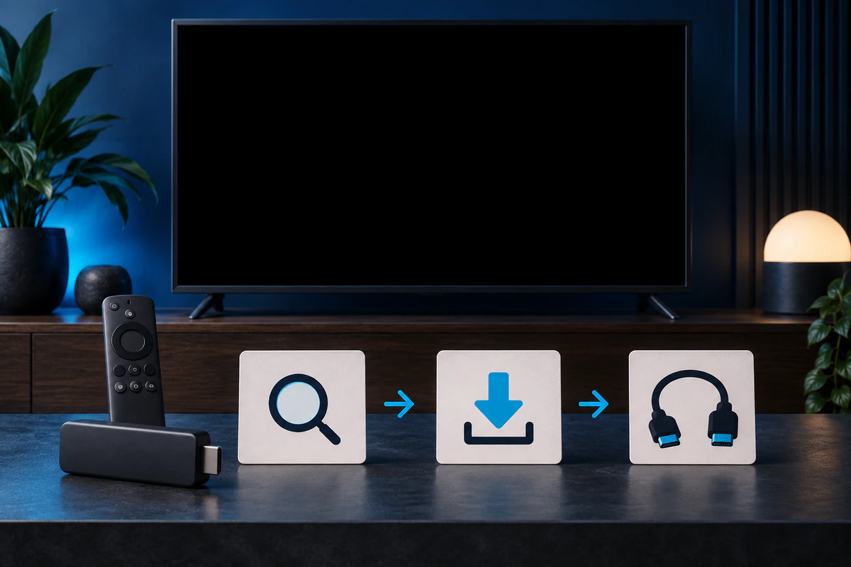 Remote, streaming device, and television arranged as three installation steps