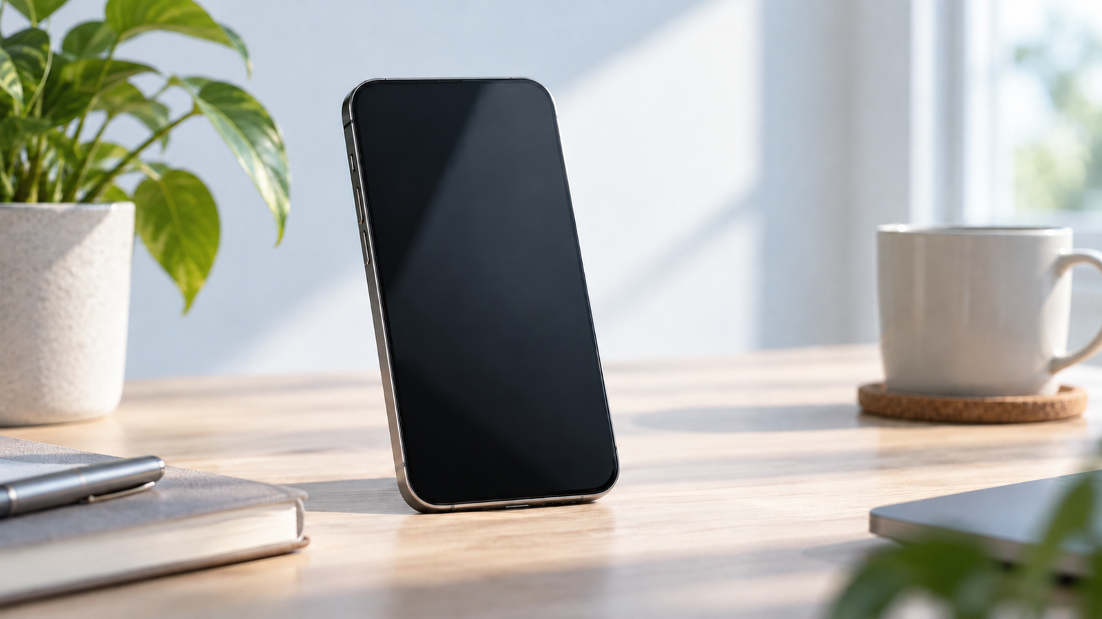 Generic smartphone on a bright desk beside a neutral privacy object