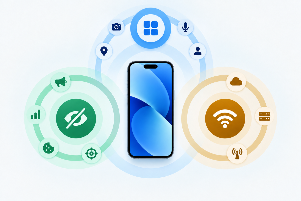Separate permission, advertising tracking, and network traffic layers around a phone