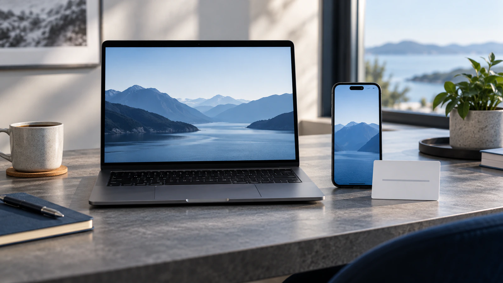 Generic laptop and phone on a restrained desk for a privacy focused VPN review