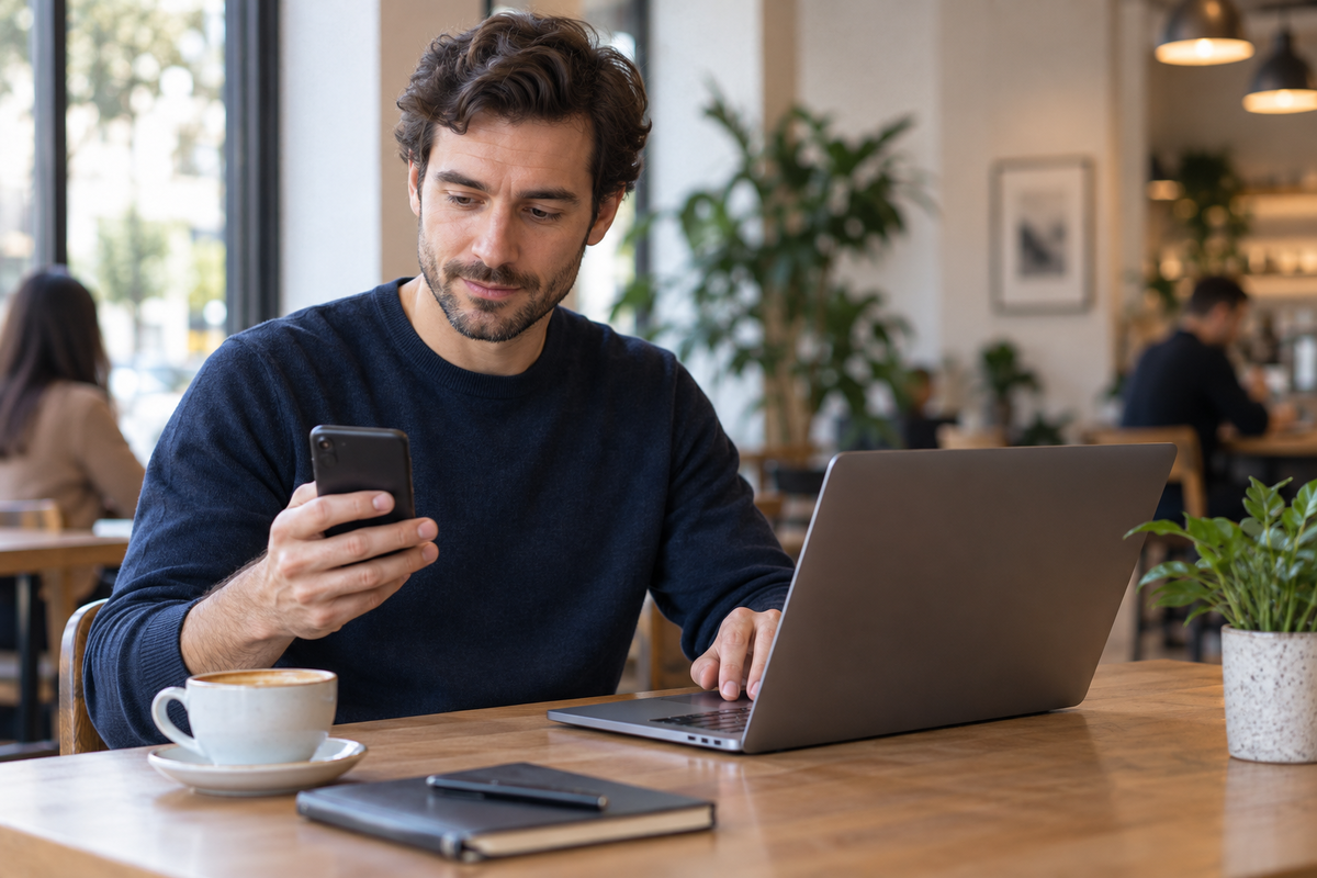 Person using a generic laptop and phone in a quiet cafe