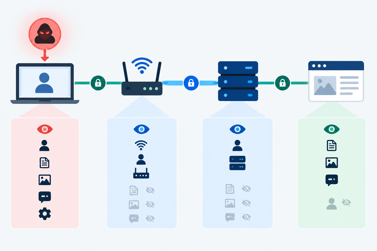 Information visible at each point between a device, local network, VPN server, and website