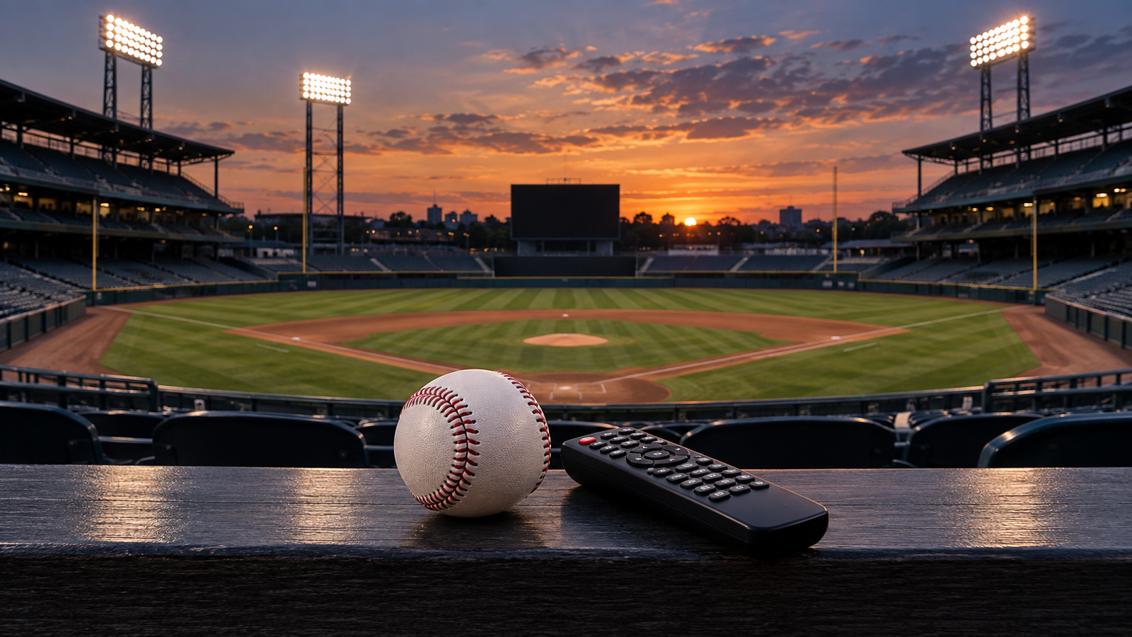 Empty baseball stadium at dusk with a ball and generic remote in the foreground