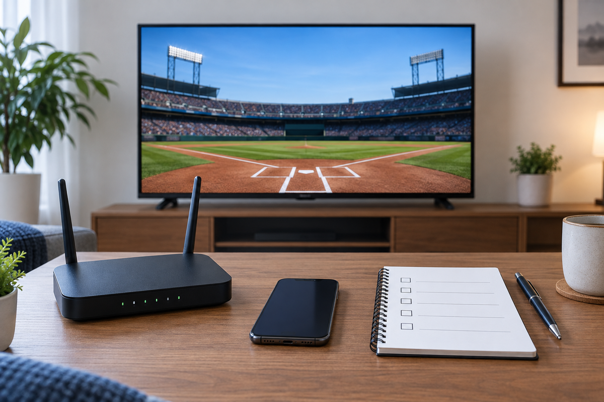 Television, router, phone, and blank checklist for streaming troubleshooting