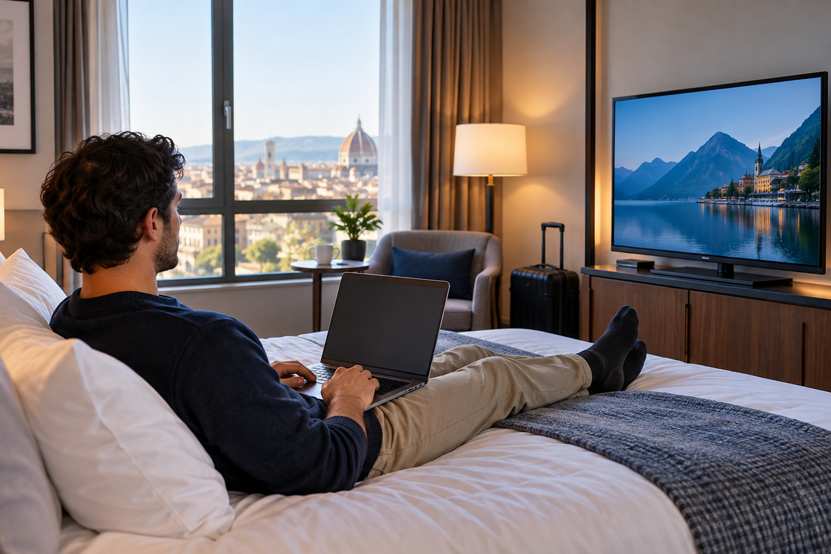 Traveler with a laptop and generic television in a hotel room