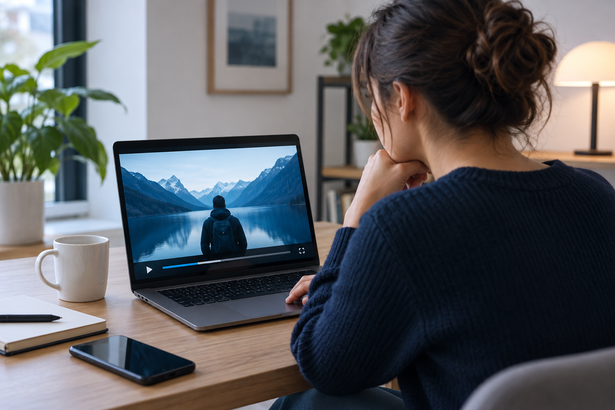 Person checking generic video playback on a laptop