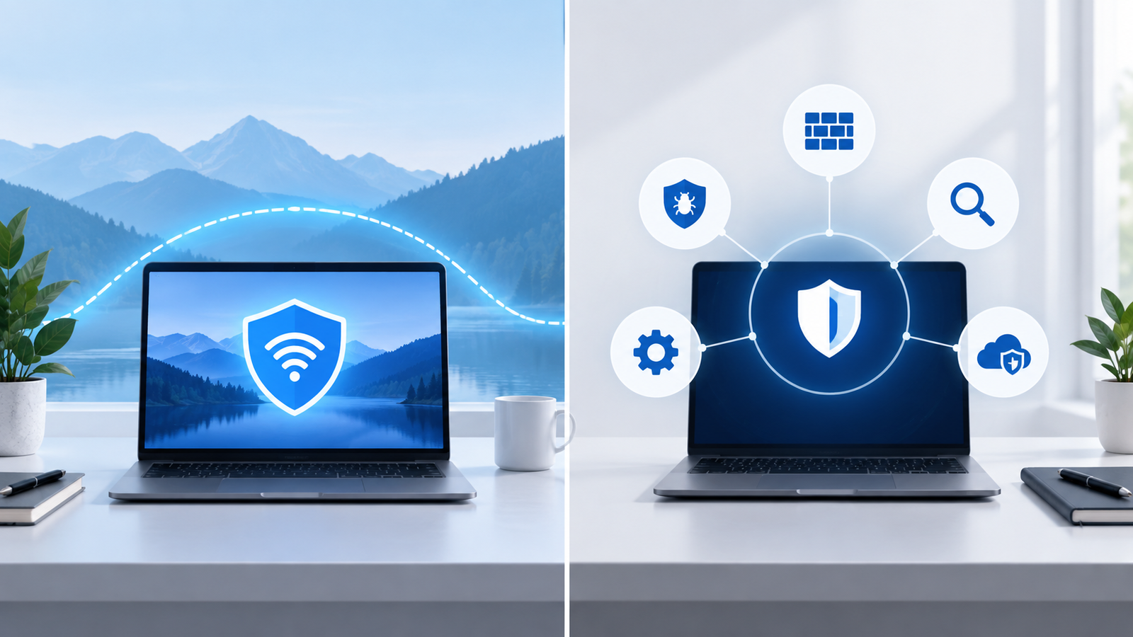 Two computer setups representing a dedicated VPN and a broader security suite