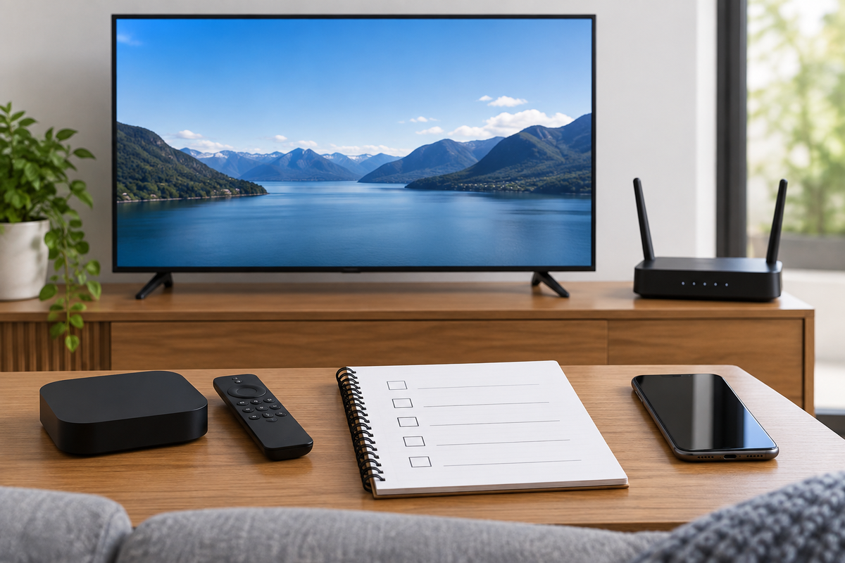 Television, router, phone, and blank checklist for live TV troubleshooting