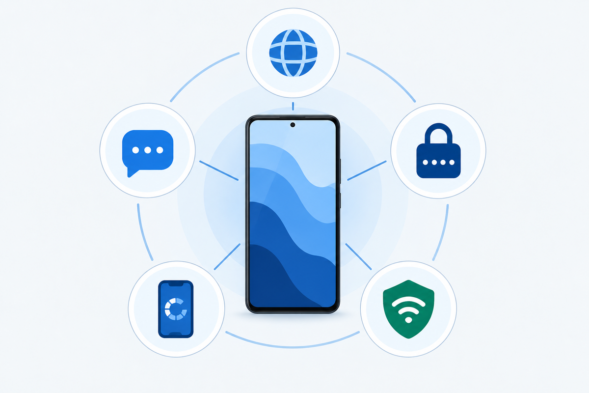 Five privacy tool categories arranged around a generic smartphone