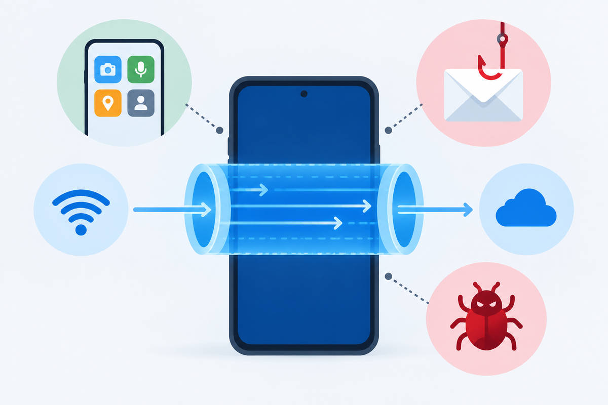 Encrypted network route separated from app permissions, phishing, and malware risks