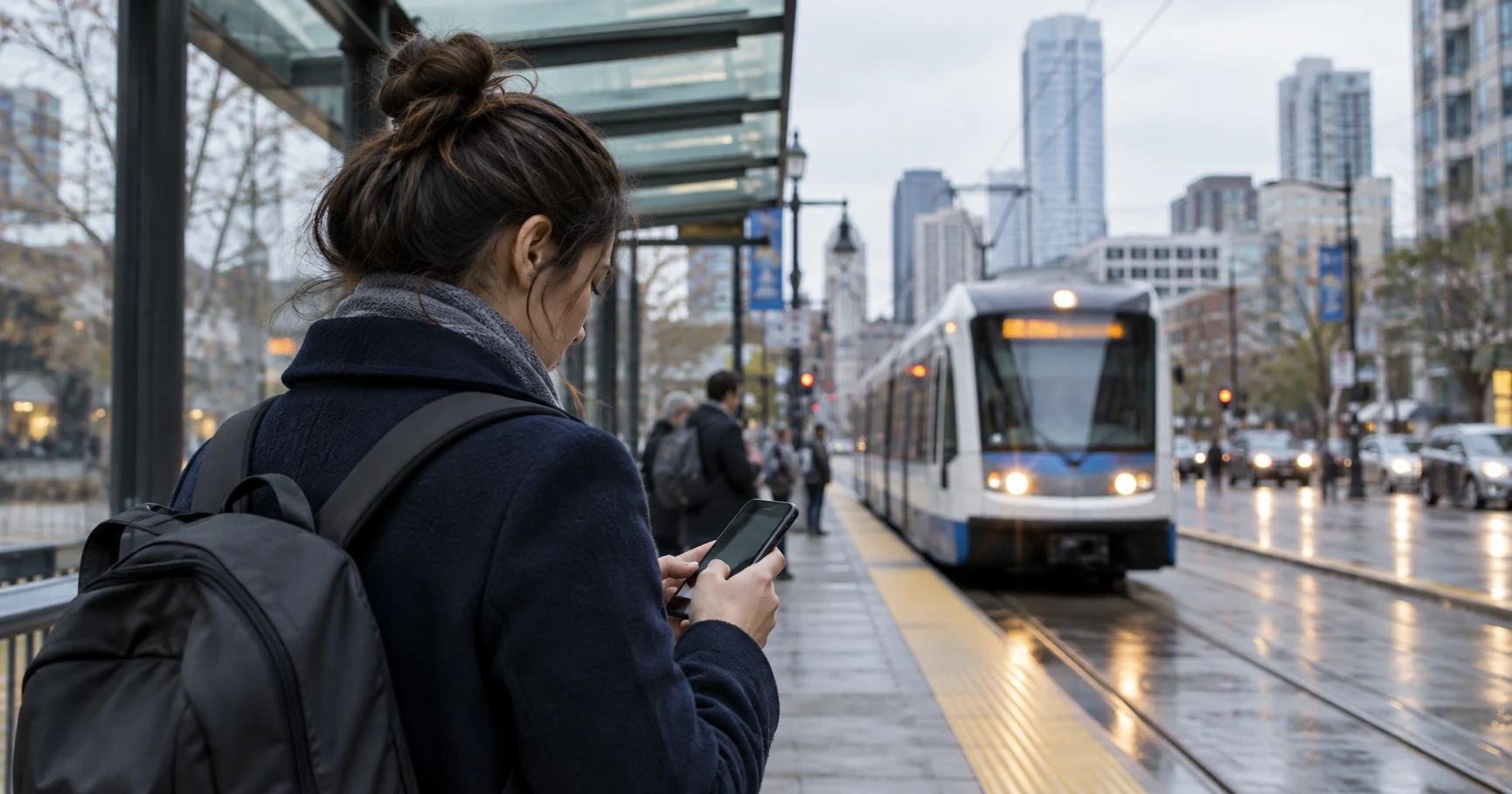 Traveler using a phone at a tram stop