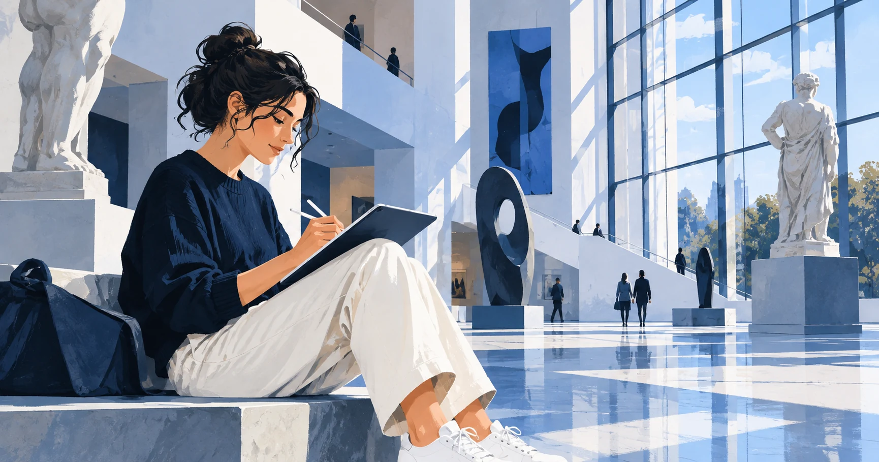 Person using a tablet and stylus in a public space