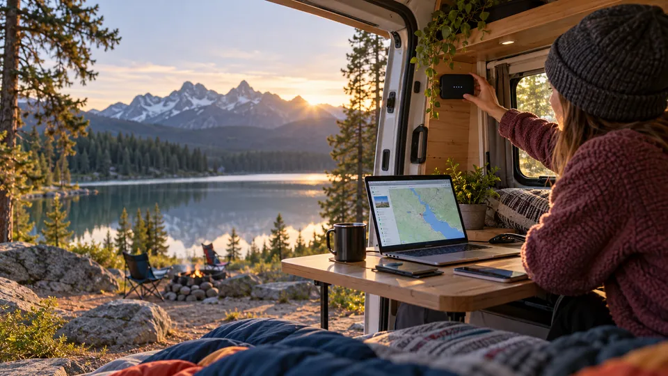 Connecting a camper van at a remote campsite
