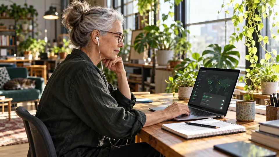 A remote worker using a compact Linux laptop