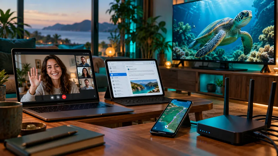 A household's connected devices on a teal workbench