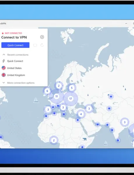 NordVPN Windows app home screen, not connected, showing the server map and quick-connect options