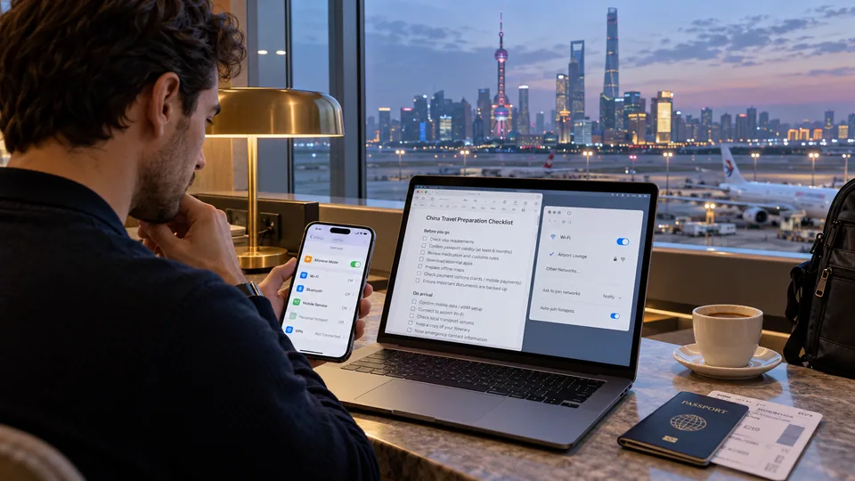 Traveller preparing connectivity and travel documents in an airport