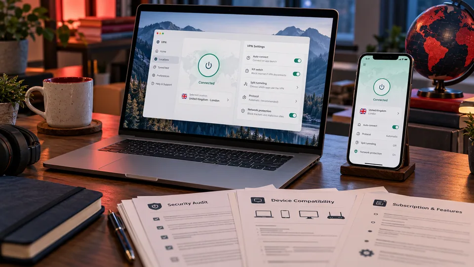 VPN review workstation with a laptop, phone and research documents