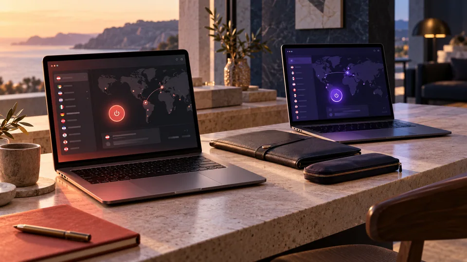Coral and violet laptops illustrating two VPN services