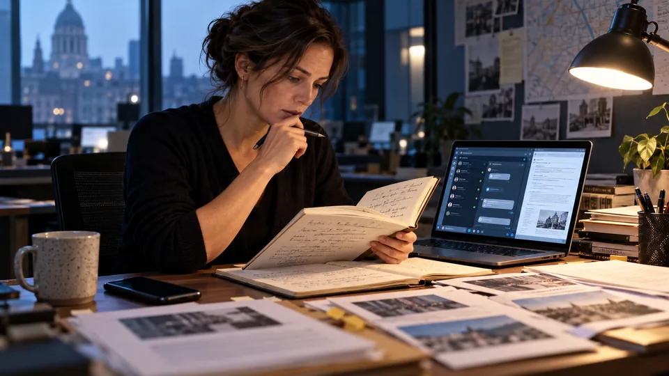 Journalist working with research notes and a laptop in a newsroom