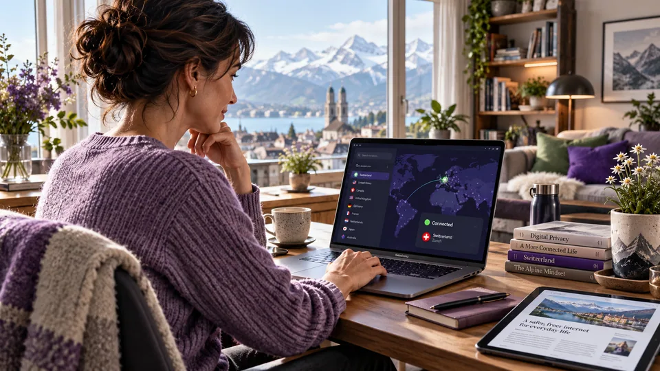 Home workstation with a laptop displaying an illustrative VPN interface