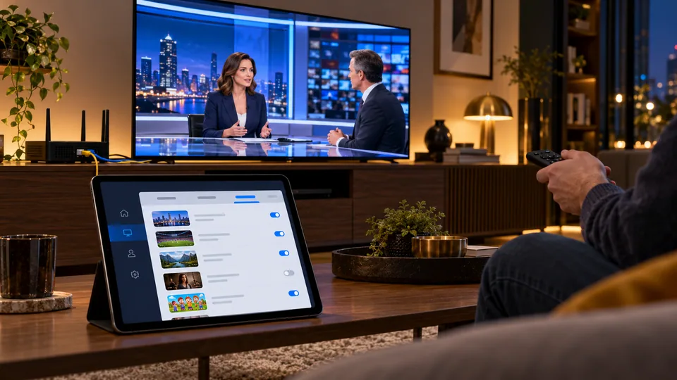 Live television and subscription settings on a tablet in a living room
