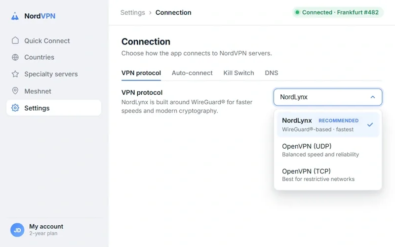 NordVPN protocol settings panel showing NordLynx WireGuard-based selected for faster speeds than OpenVPN