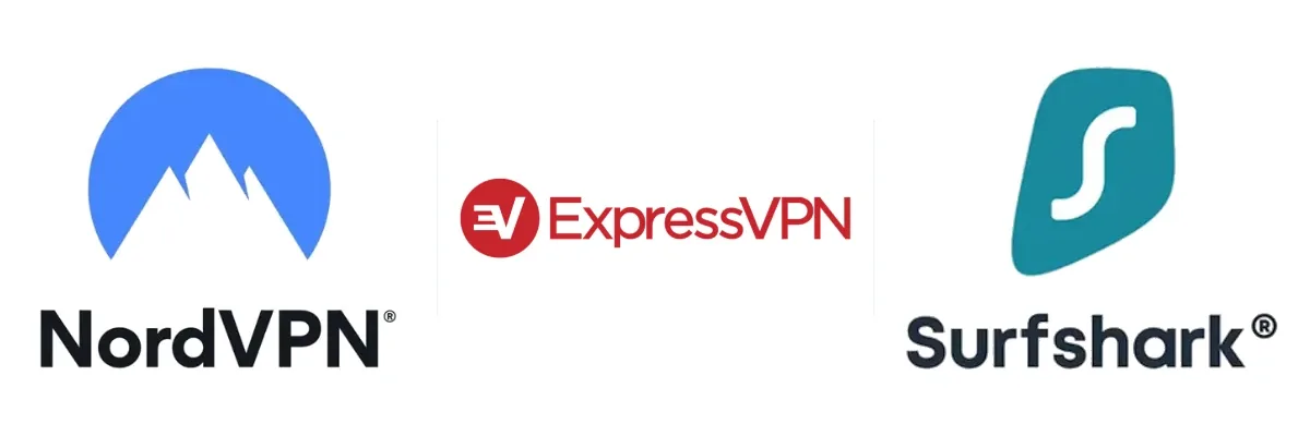 NordVPN, ExpressVPN, and Surfshark logos: three VPN providers we recommend for US users in 2026