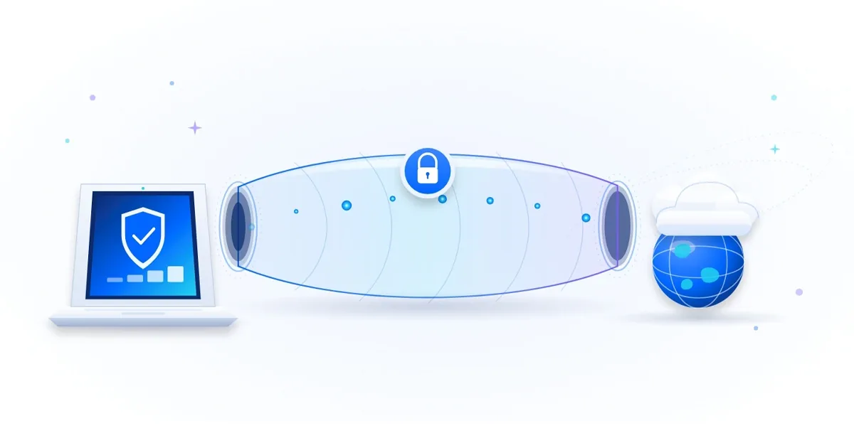What is a VPN illustrated as an encrypted tunnel between a device and the internet