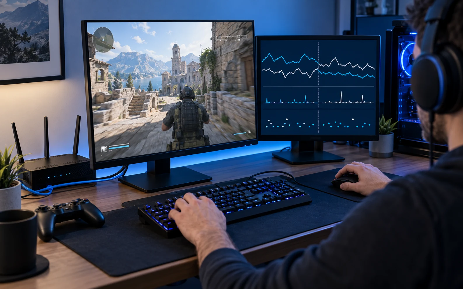 Gaming PC and network diagnostics used to compare latency, jitter, and packet loss