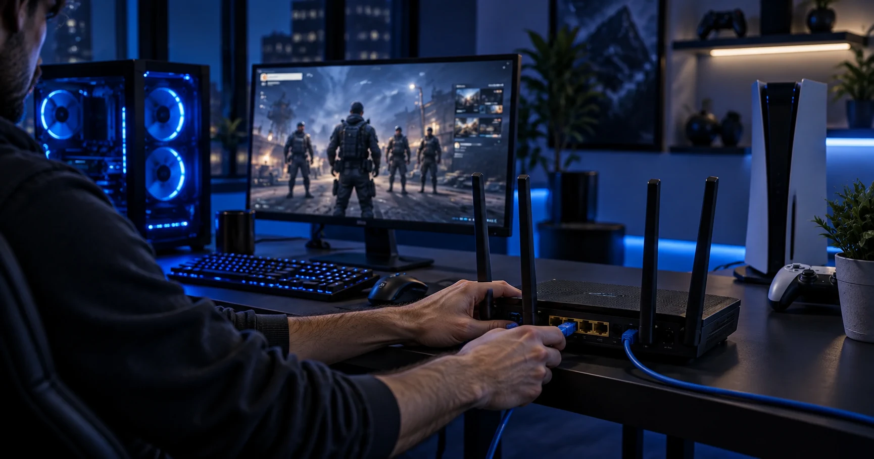 Player connecting an Ethernet cable to a gaming router beside a PC and game console