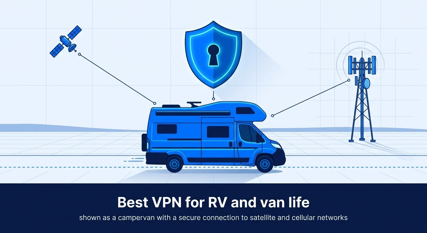Best VPN for RV and van life shown as a campervan with a secure connection to satellite and cellular networks