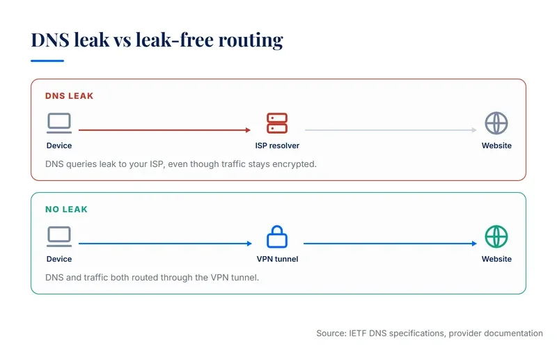 Diagram comparing a DNS leak where queries reach the ISP versus a leak-free setup where DNS and traffic both pass through the VPN tunnel