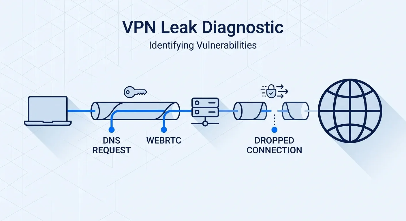 VPN test diagram showing IP, DNS, WebRTC, and dropped-tunnel exposure points
