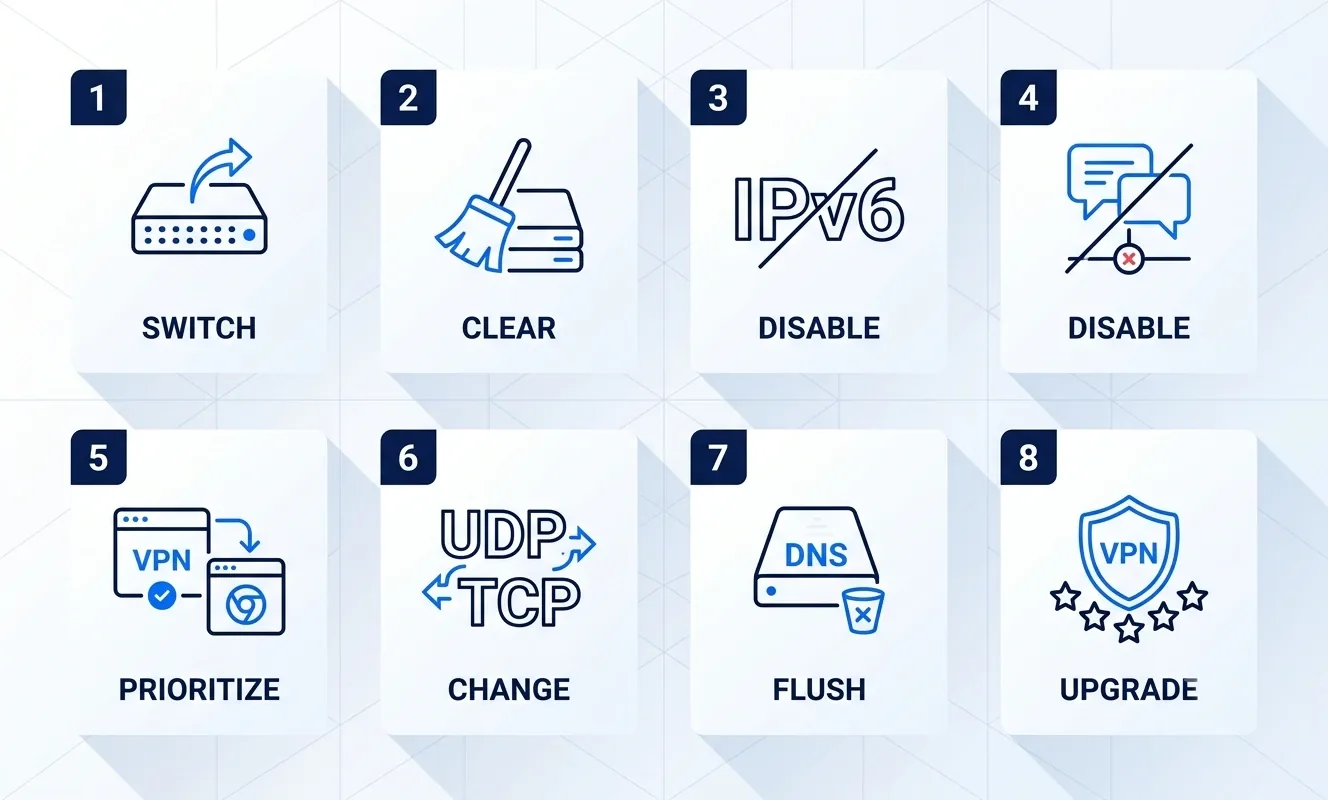 Eight fixes for when a Hulu VPN is not working, shown as a numbered icon grid
