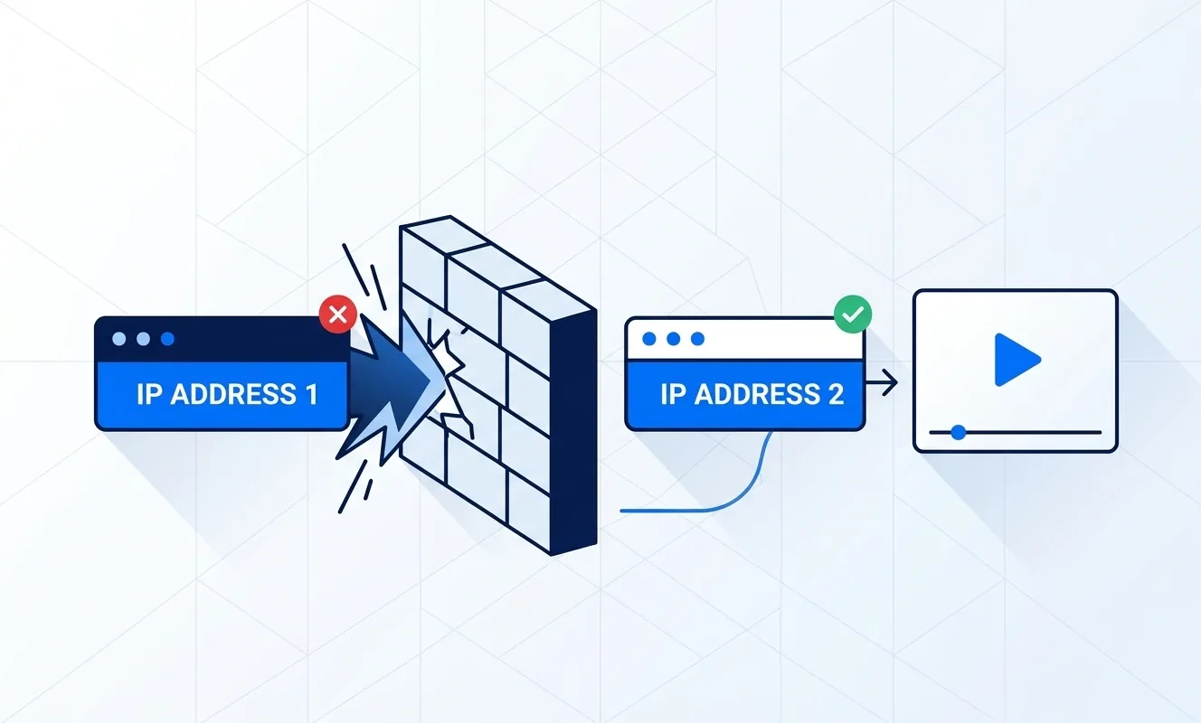 Diagram of Hulu proxy detection blocking a flagged server and allowing a fresh one