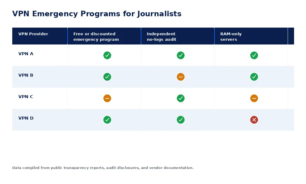 VPN emergency access and transparency comparison for journalists