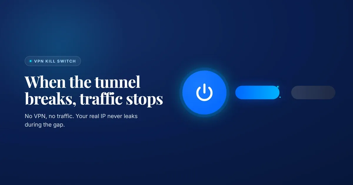 What is a VPN kill switch conceptual banner showing a stop button and a broken tunnel connection