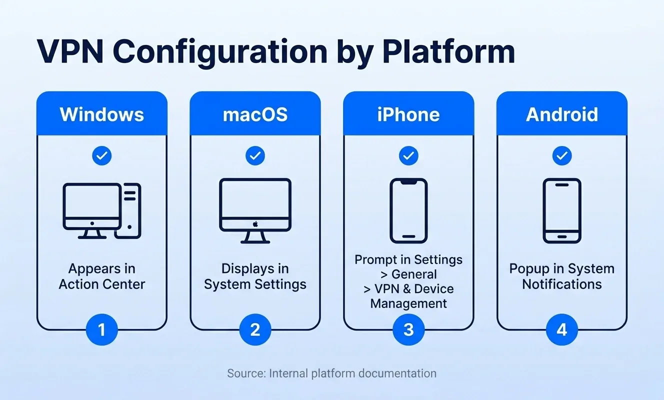 VPN configuration paths for Windows, macOS, iPhone, and Android